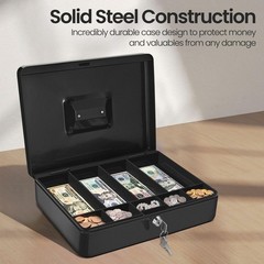 Flexzion Cash Box with Key – Portable Metal Cash Box for Small Businesses