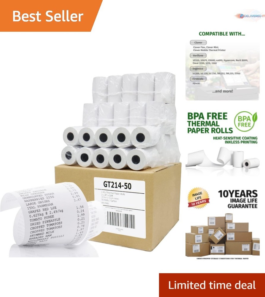 Thermal Paper Receipt Rolls 2 1/4 x 50′ BPA Free 50 Rolls for POS Systems