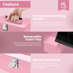 Cash Box with Money Tray and Lock – Pink Cash Storage with Latch Lock & Key