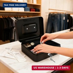 10″ Cash Box with Money Tray, Black, Large | Metal Money Safe Lock Box, Key Lock