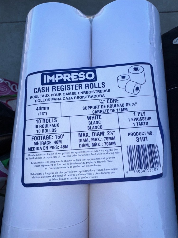 Impreso Cash Register Rolls 44mm 1-Ply White – 30 Rolls Total (3 Packs of 10)