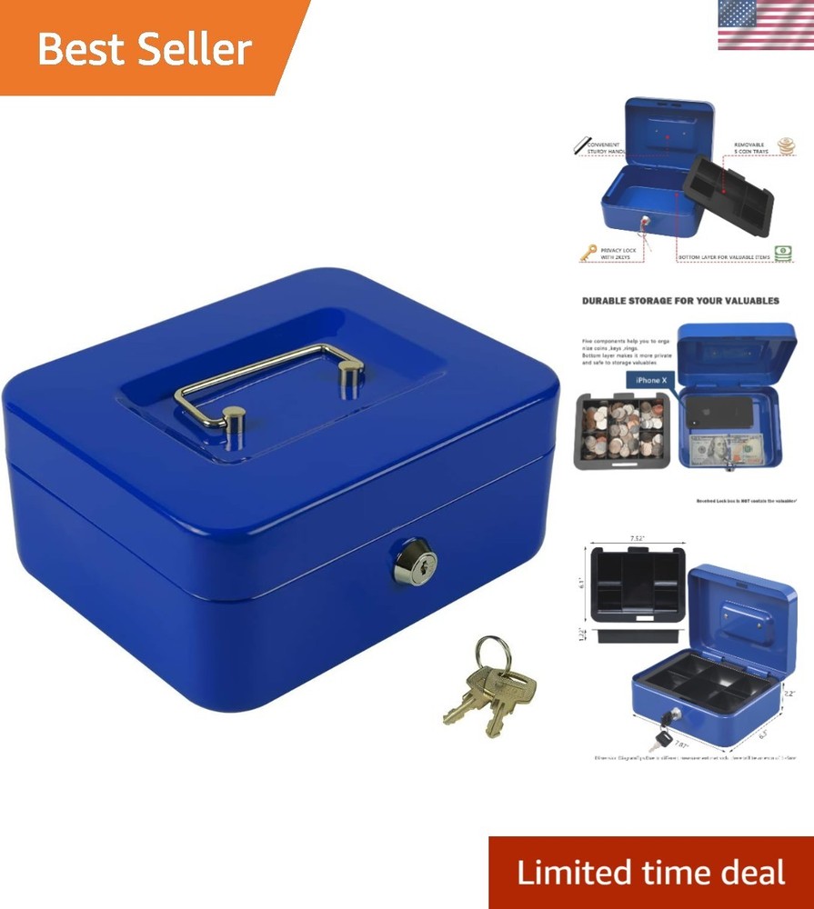 Water-Resistant Steel Cash Box with Key – 5 Compartment Organizer for Valuables