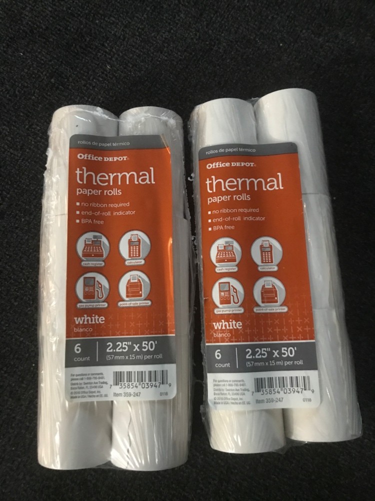 2 Packs of 6 Office Depot 359-247 White BPA Free Thermal Paper Rolls 2.25″ X 50′