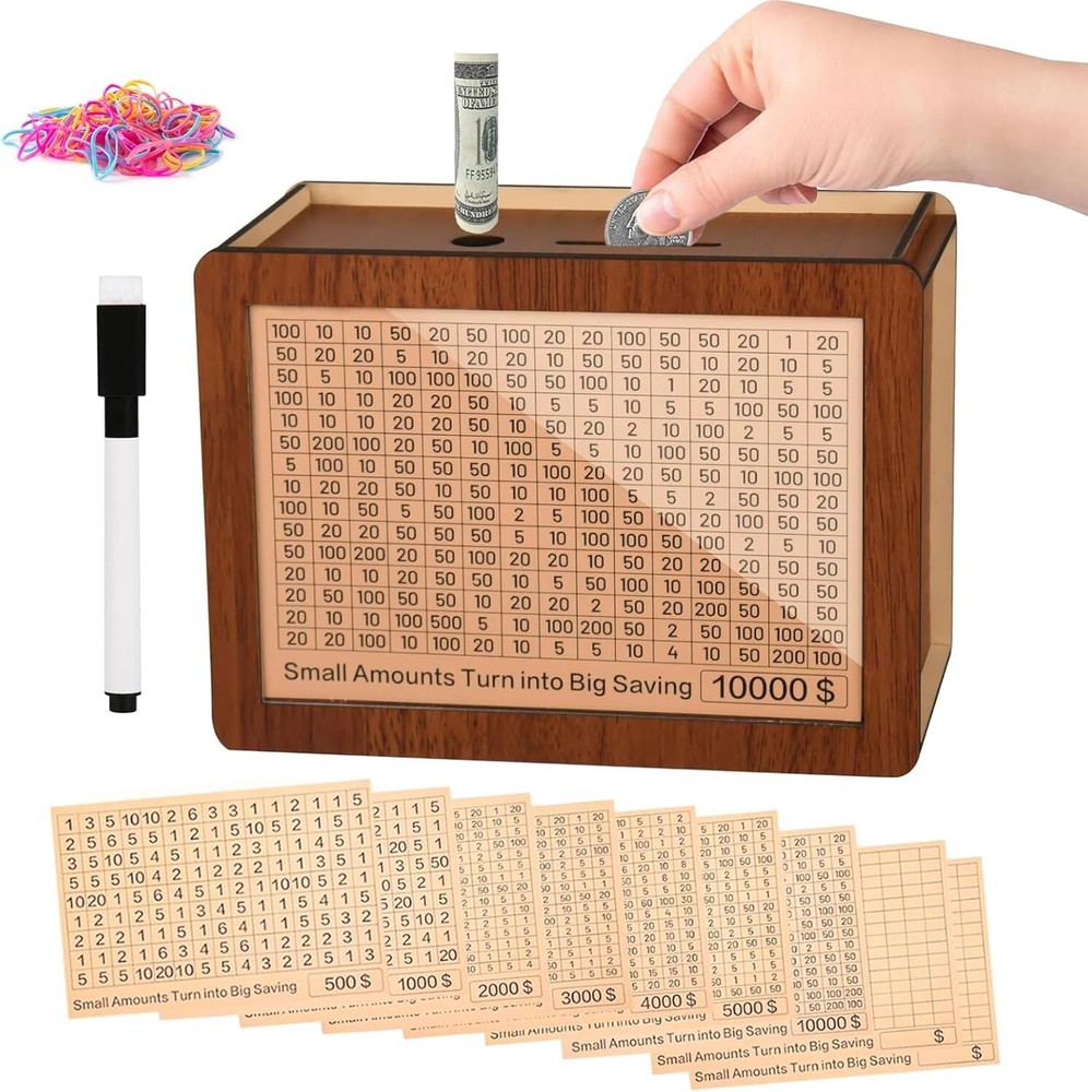 Cash Vault Wooden Money Savings Box, 10000 Savings Challenge Box