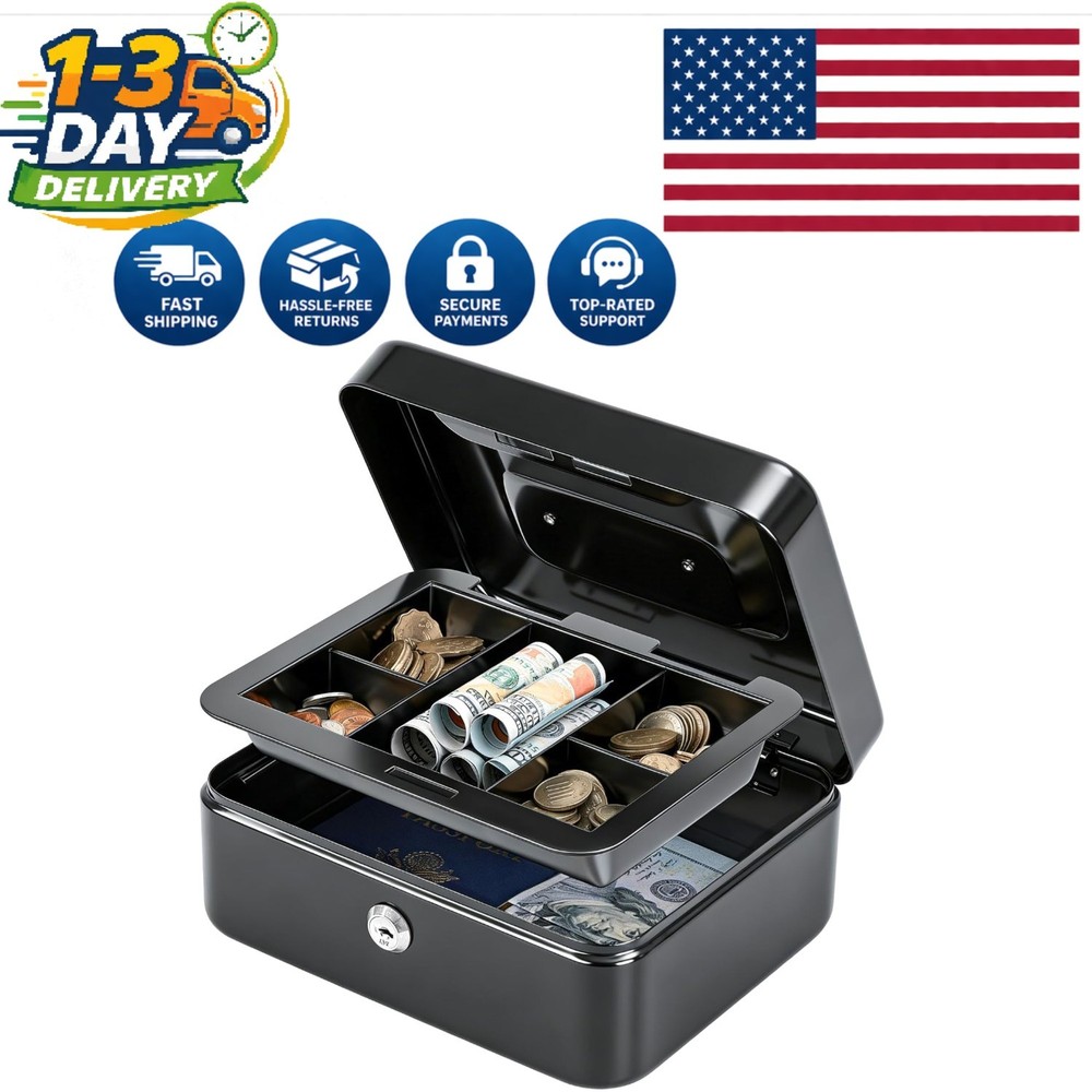 Portable Medium Cash Drawer with Key Lock & Organizational Compartments in Black