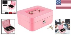 Lightweight Pink Steel Cash Box with Key Lock & Coin Organization Tray, Medium