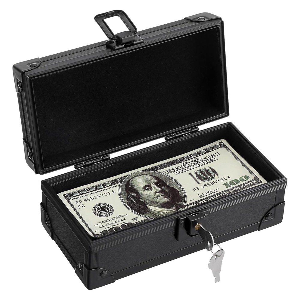 Black Lockable Aluminium Alloy Cash Box with Secure Lock Money Storage Case