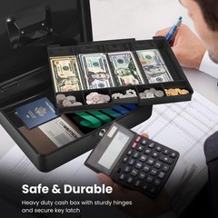 Flexzion Cash Box with Money Tray and Lock – Metal Cash Box for Small Businesses