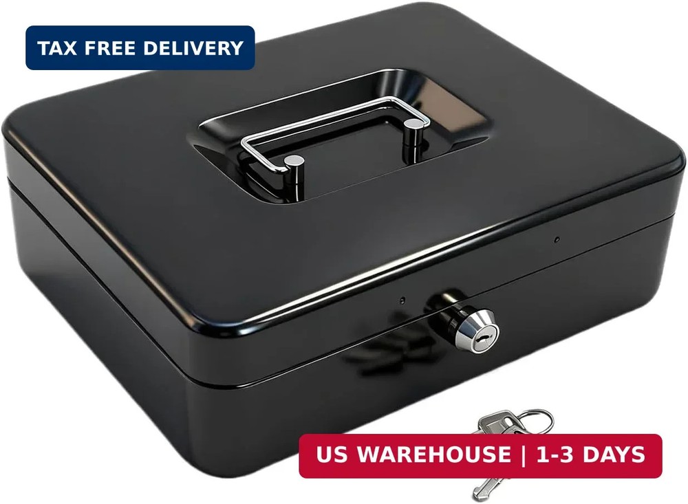 10″ Cash Box with Money Tray, Black, Large | Metal Money Safe Lock Box, Key Lock