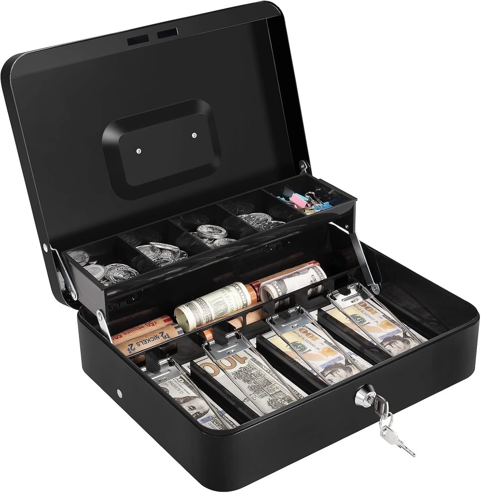 Cash Box with Tray Metal Locking Black New