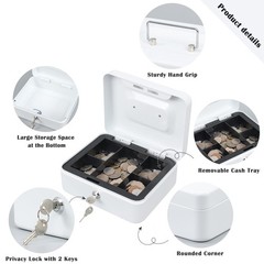 7.87×6.30×3.54 White Medium Steel Cash Box, Removable Coin Tray, Key Lock