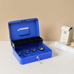 Blue Large Cash Box Key Lock Money Tray Metal Safe 11.8 x 9.4 x 3.54 Inch