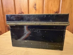 Antique METAL BOX BLACK GOLD DOCUMENT BOX Lock with key