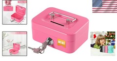 Durable Pink Mini Cash Box with Coin Slot and Key Security – Portable 4.5″x3.4″