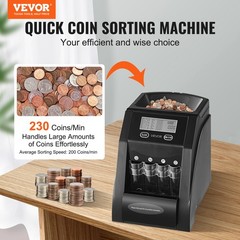 VEVOR USD Coin Sorter with LCD Screen Display Holds up to 200 Coins 4 Coin Tubes