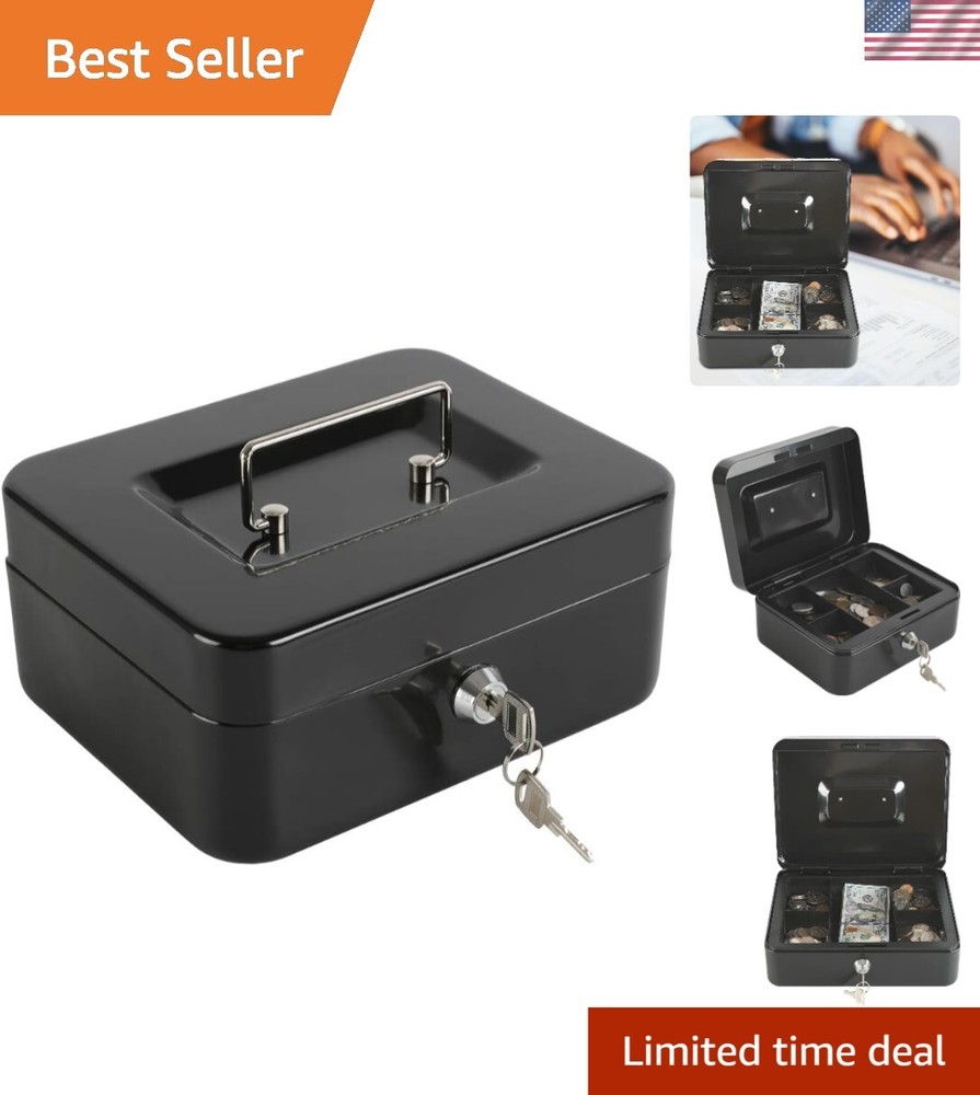 Lockable Medium Cash Box in Black with Removable Tray, Dimensions: 7.87″x 6.30″
