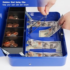 Cash Box with Lock Key Money Tray 11.8×9.4×3.54 Inch Metal Lockbox Blue for Cash