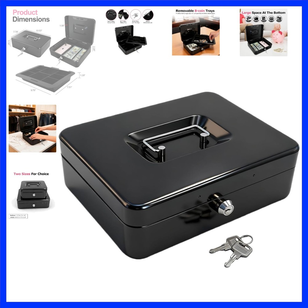 10″ Cash Box with Money Tray, Black, Large | Metal Money Safe Lock Box, Key L…
