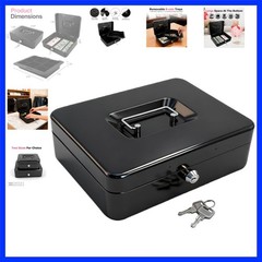 10″ Cash Box with Money Tray, Black, Large | Metal Money Safe Lock Box, Key L…
