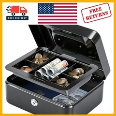 Safe and Portable Cash Box with Removable Tray & Key Lock – Stylish Black Design