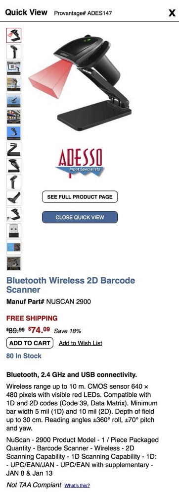 Adesso NuScan NuScan 2900 Bluetooth & USB Barcode Scanner Stand