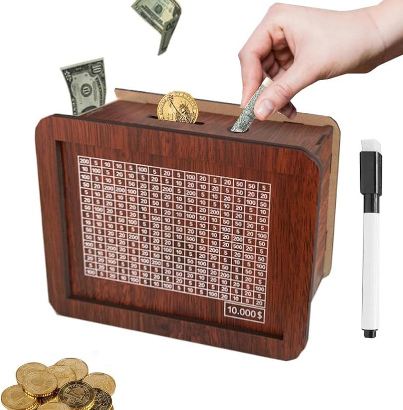 10000 Savings Challenge Wooden Cash Vault Money Box Kakeibo Piggy Bank with Coun