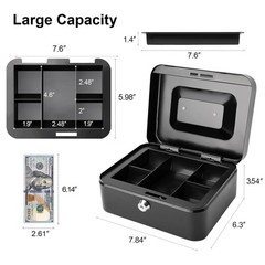 Medium Steel Cash Box with Money Tray, Lock Box, Black