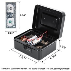 Medium Steel Cash Box with Money Tray, Lock Box, Black