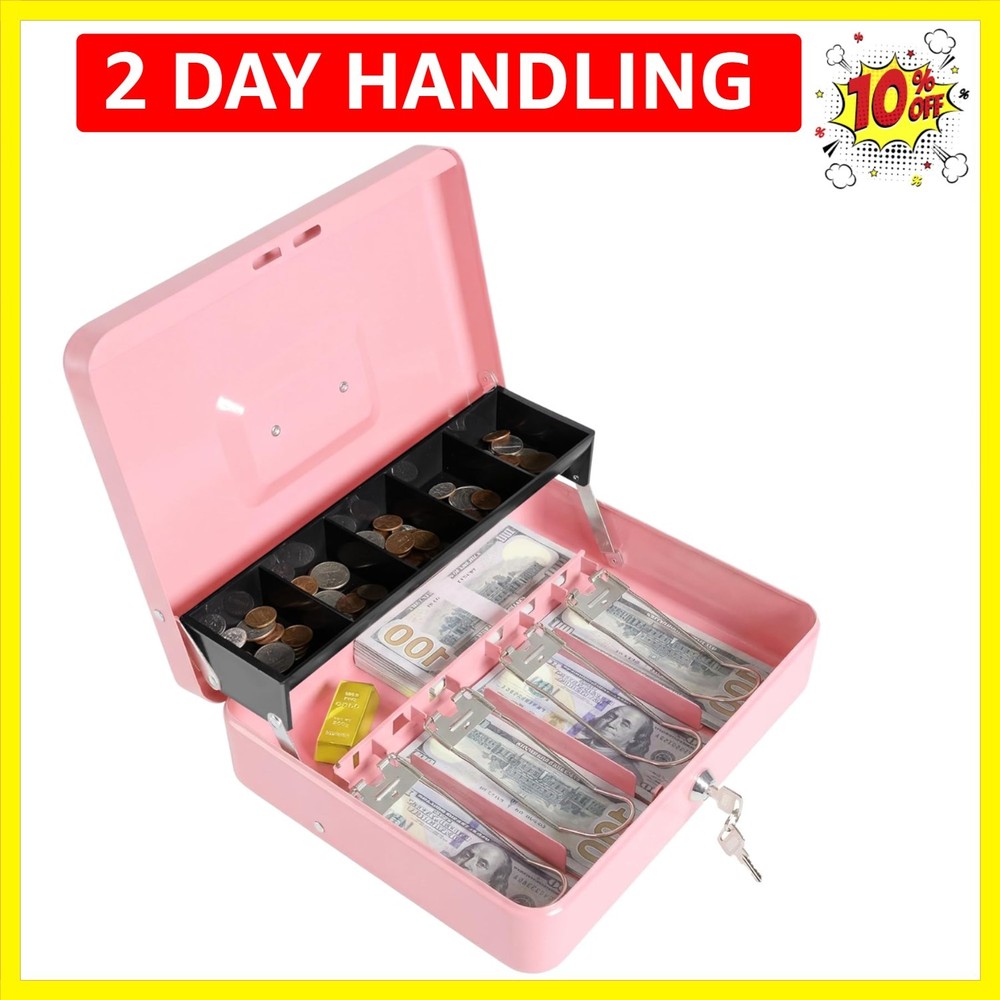 Locking Cash Box with Key Lock and Money Tray, Money Box, Lock Safe Box, Cash…