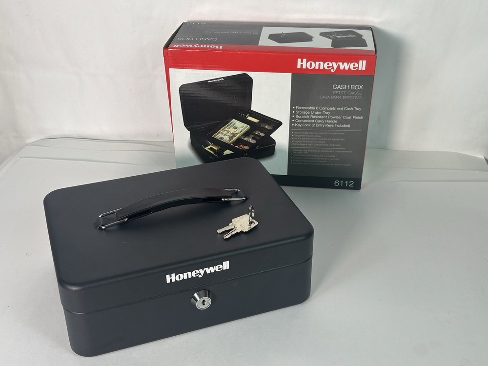 Honeywell 6112 Steel Cash Box 1 Bill & 5 Coin Slots 2 Keys Handle 9.8″ X 7.3″