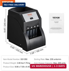 VEVOR Coin Sorter, Coin Sorter and Wrapper Machine with 4 Larger Coin Tubes, Sor