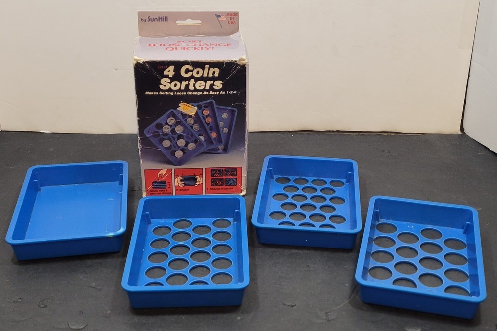 Vtg 1990 “Set of 4 Coin Sorters” by Sun Hill Made in USA w/Original Box
