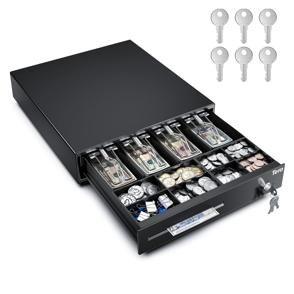 13 inch Auto Open Cash Register Drawer with 6 Keys Heavy Duty 4 Bill 8 Coin R…