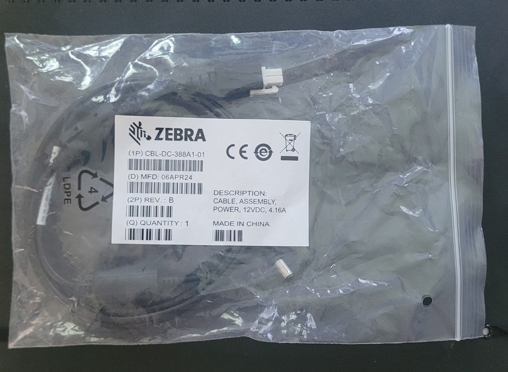 NEW OEM Zebra CBL-DC-388A1-01 Power Cable Assembly 12VDC 4.16A Rev B 1.8m / 6ft