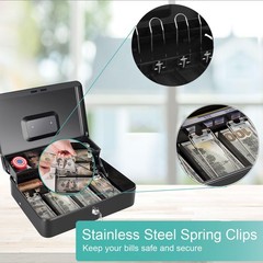 Cash Box Money Tray Key Lock Metal 11.8×9.45in XL Coin Bill Check Storage Black