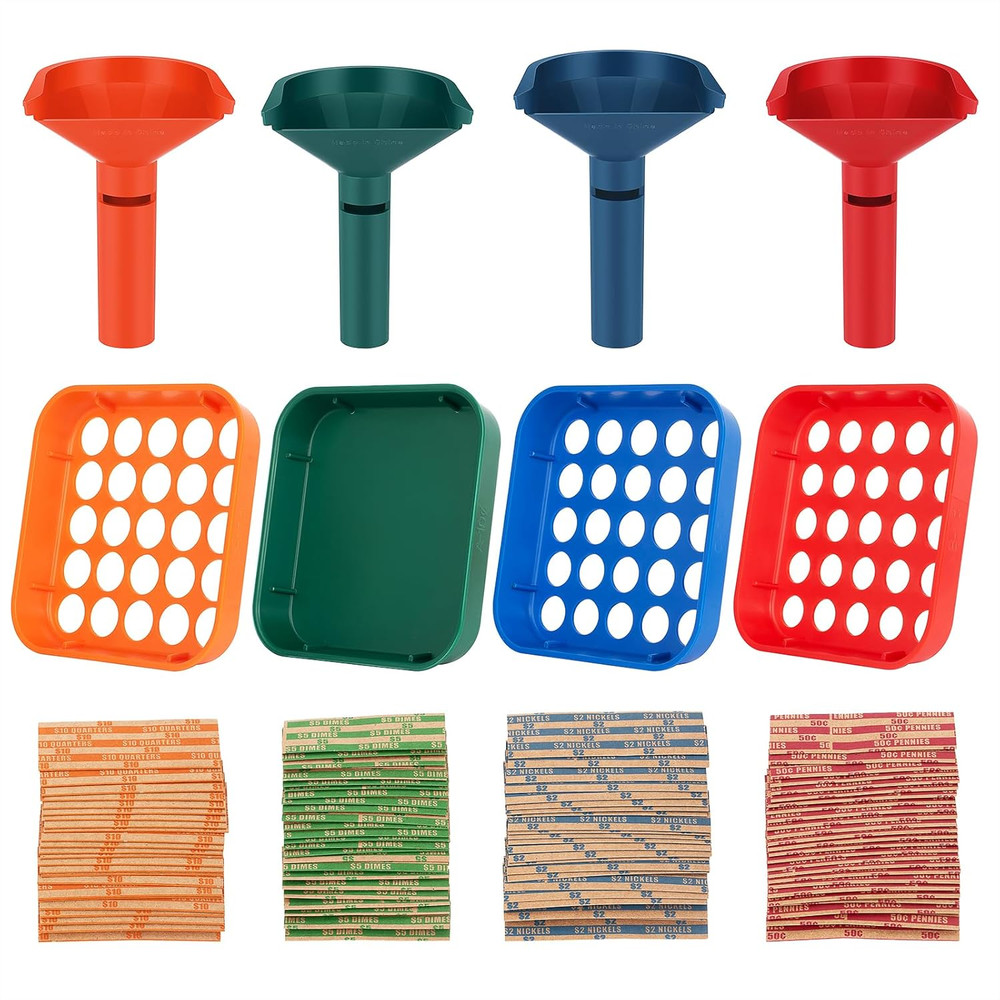 Coin Sorter Tray & Coin Sorter Tube – 4 Color Coded Coin Separator Trays and Coi
