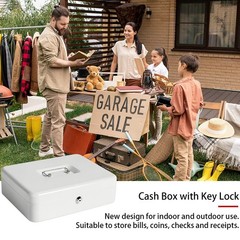 Cash Box Key Lock White 11.8×9.4×3.5 Inch XLarge Metal Money Tray Safe Box