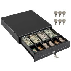 Durable Metal Cash Drawer, 12-24V, 4 Bill 6 Coin Tray, Black