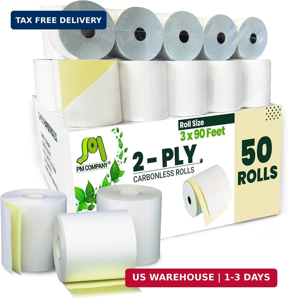 PM Company 2 Ply POS/Cash Register Rolls, 3 Inches X 90 Feet, White/Canary, 50 p