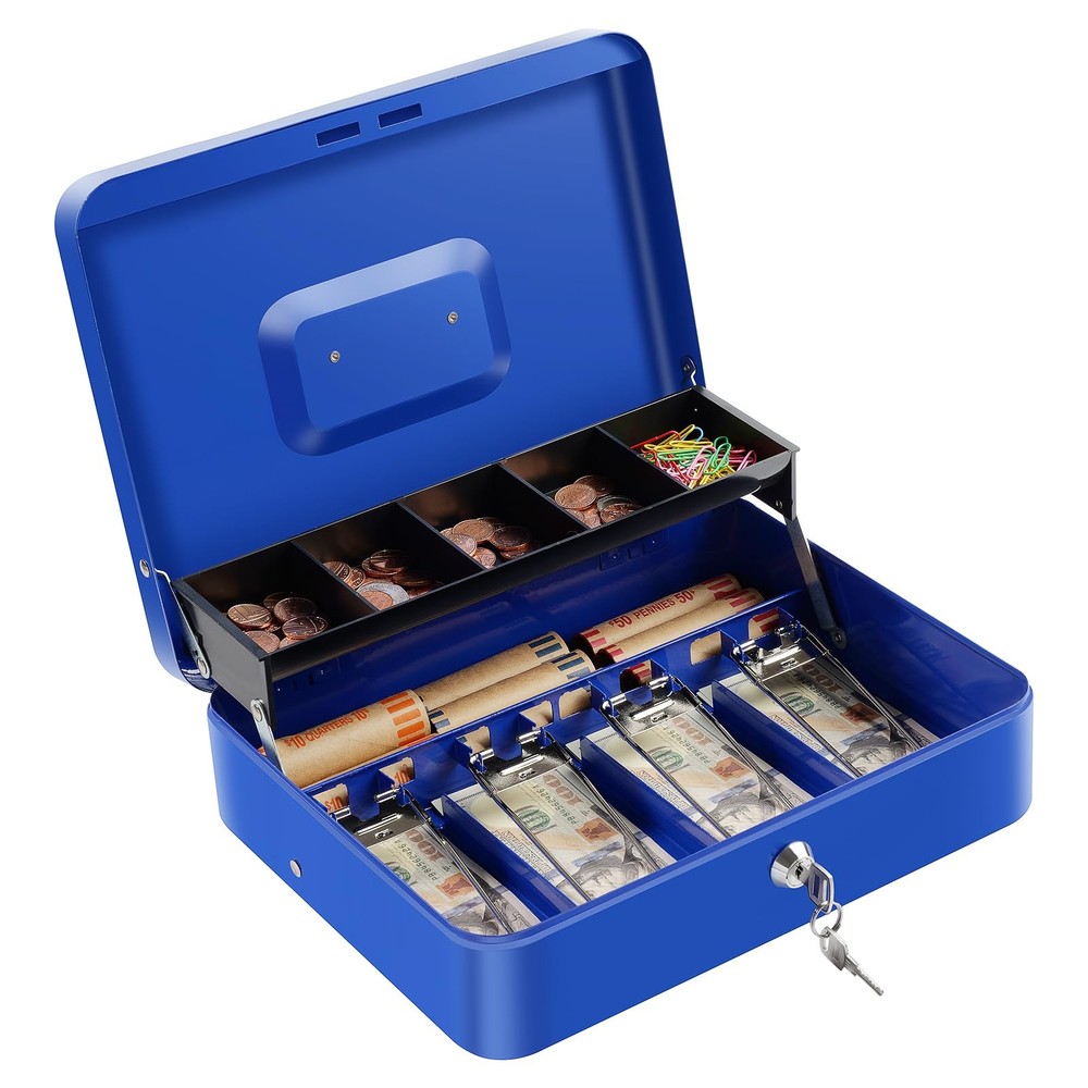 Blue Large Cash Box Key Lock Money Tray Metal Safe 11.8 x 9.4 x 3.54 Inch