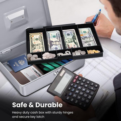 Cash Box with Money Tray and Lock – Metal Cash Box for Small Businesses, 9-Co…