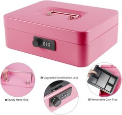 Large Pink Unbreakable Cash Box with Advanced Combination Lock and Money Tray