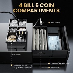 Mini Cash Register Drawer 8″ – 4 Bill 6 Coin, Auto Open, Key-Lock, POS Compatibl