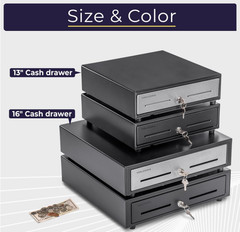 13″ POS Cash Drawer, 4 Bill 5 Coin Tray, RJ11/RJ12, Key Lock, Black