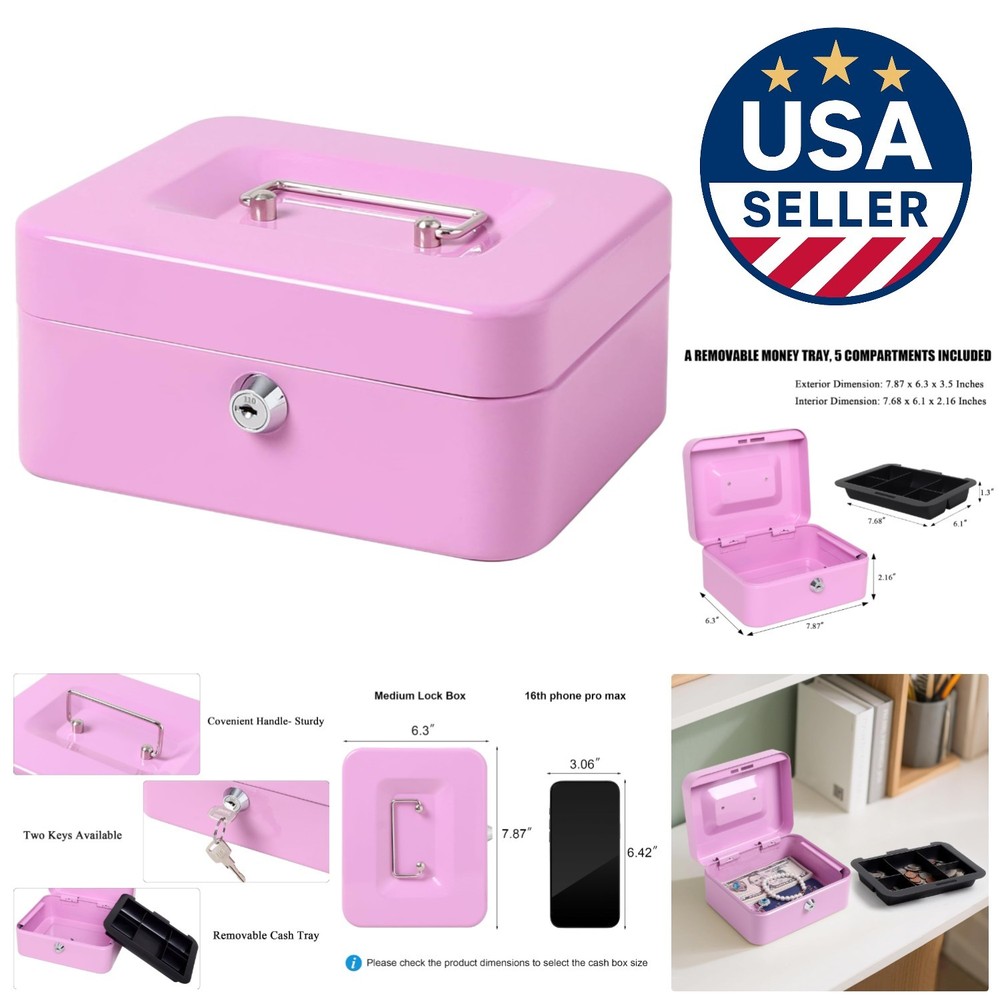 Portable Light Purple Cash Box – Scratch Resistant with Money Tray & Key Lock
