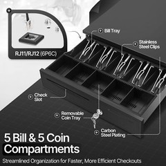 POS Cash Drawer Box w/5 Bill/5 Coin Tray Compatible with Star and Epson Printers