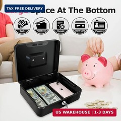 10″ Cash Box with Money Tray, Black, Large | Metal Money Safe Lock Box, Key Lock