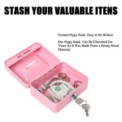 Jssmst Small Cash Box with Lock and Slot, Metal Coin Piggy Bank X-Small, Pink