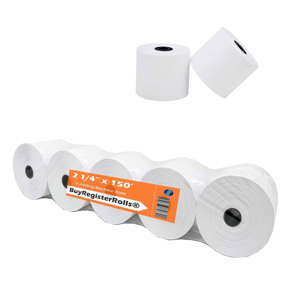 Pack of 5 Rolls 2 1/4 x 150 ft White adding machine tape Paper Rolls 50 GSM P