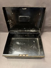 BLACK TIN METAL CASH DOCUMENT COLLECTORS BIN LOCK BOX NO KEY FOR PART/REPAIR VTG